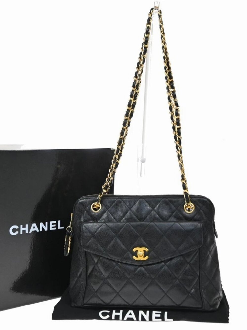 CHANEL CC Matelasse Chain Shoulder Bag Calfskin Leather Black Vintage 310RP273